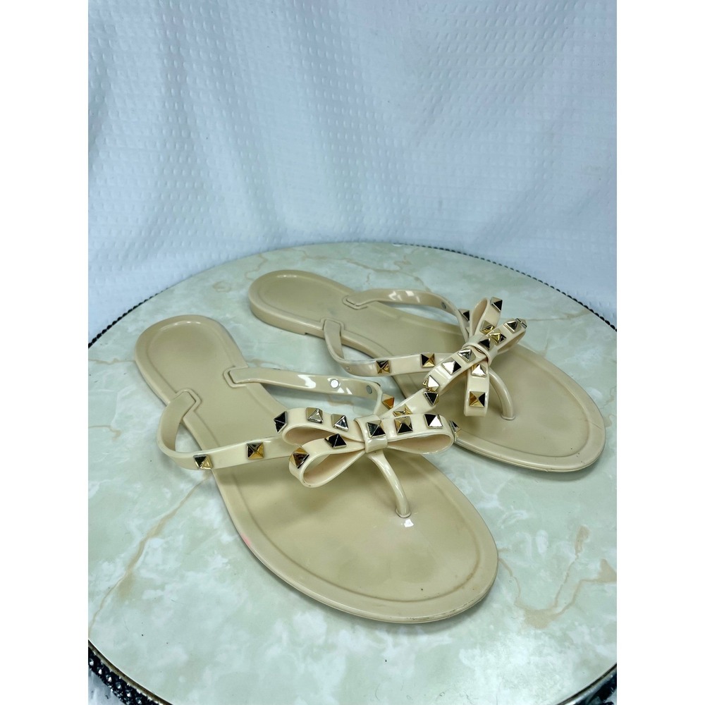 Studded Bow Jelly Thong Sandals Women 9 Beige Beach Summer Casual Flip Flops